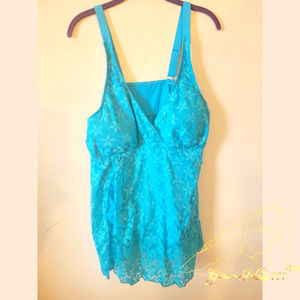 Plus Size One Piece Crochet Soft Tummy Control Slide Slit SwimDress Blue Size 1X